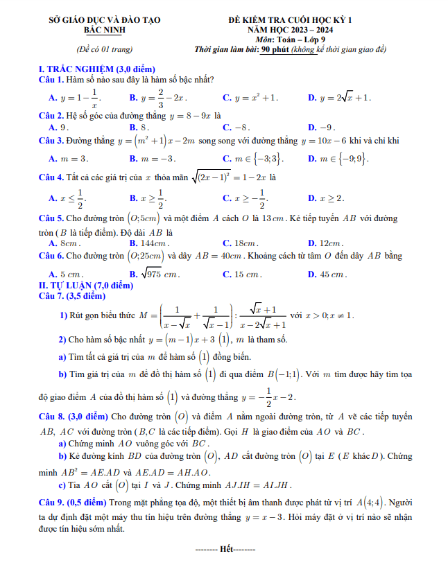 Đề kiểm tra cuối học kỳ 1 Toán 9 năm 2023 – 2024 sở GD&ĐT Bắc Ninh