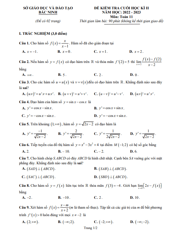 Đề kiểm tra cuối học kỳ 2 Toán 11 năm 2022 – 2023 sở GD&ĐT Bắc Ninh