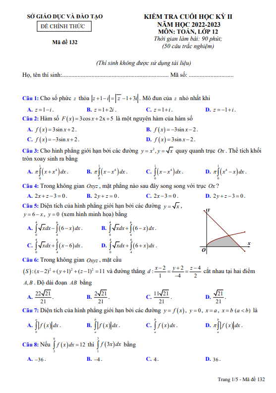 Đề kiểm tra cuối học kỳ 2 Toán 12 năm 2022 – 2023 sở GD&ĐT Bình Dương