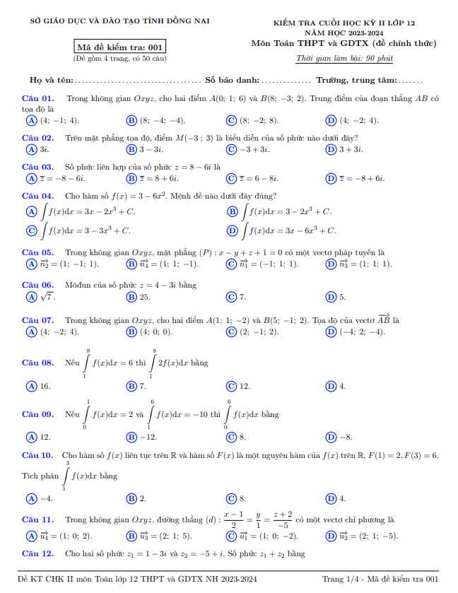 Đề kiểm tra cuối học kỳ 2 Toán 12 năm 2023 – 2024 sở GD&ĐT Đồng Nai