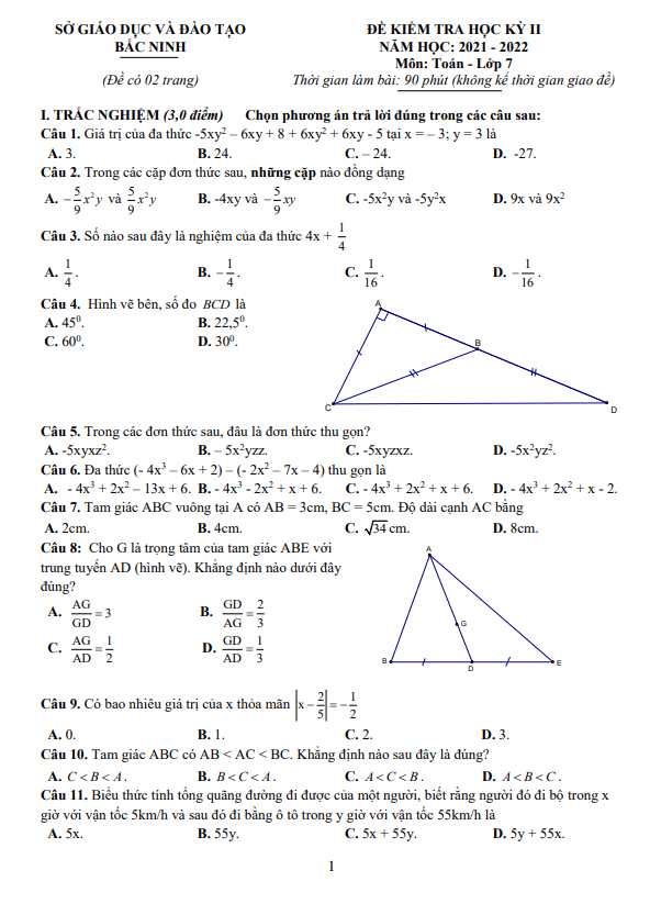 Đề kiểm tra cuối học kỳ 2 Toán 7 năm 2021 – 2022 sở GD&ĐT Bắc Ninh