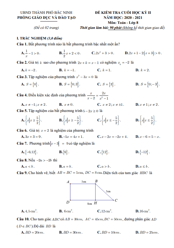 Đề kiểm tra cuối học kỳ 2 Toán 8 năm 2020 – 2021 phòng GD&ĐT thành phố Bắc Ninh