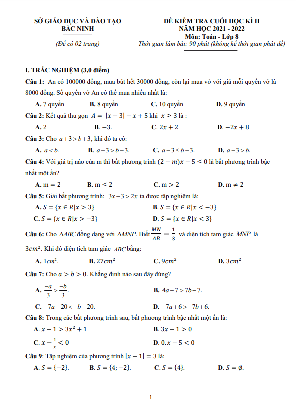 Đề kiểm tra cuối học kỳ 2 Toán 8 năm 2021 – 2022 sở GD&ĐT Bắc Ninh