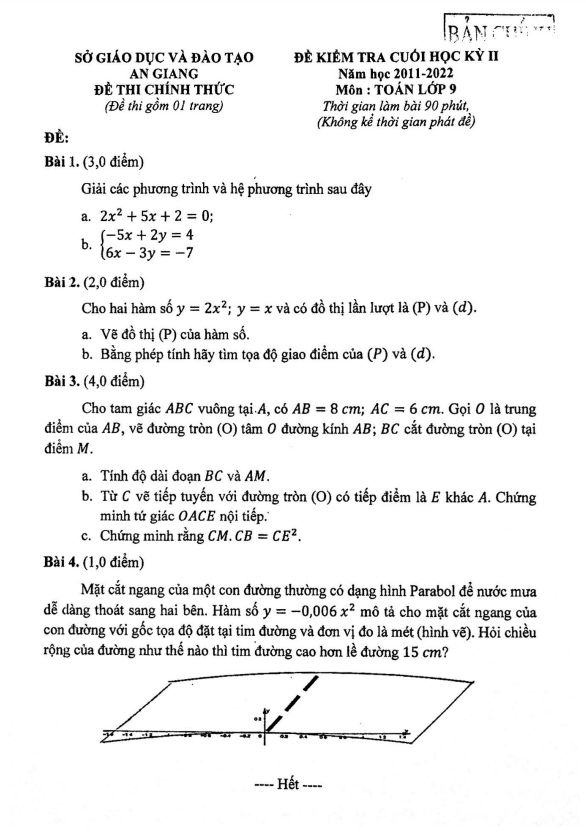 Đề kiểm tra cuối học kỳ 2 Toán 9 năm 2021 – 2022 sở GD&ĐT An Giang