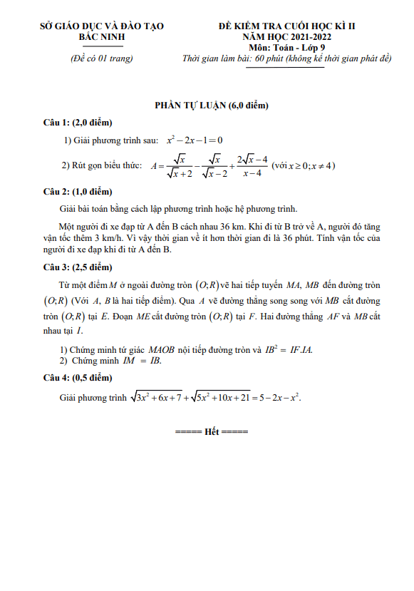 Đề kiểm tra cuối học kỳ 2 Toán 9 năm 2021 – 2022 sở GD&ĐT Bắc Ninh