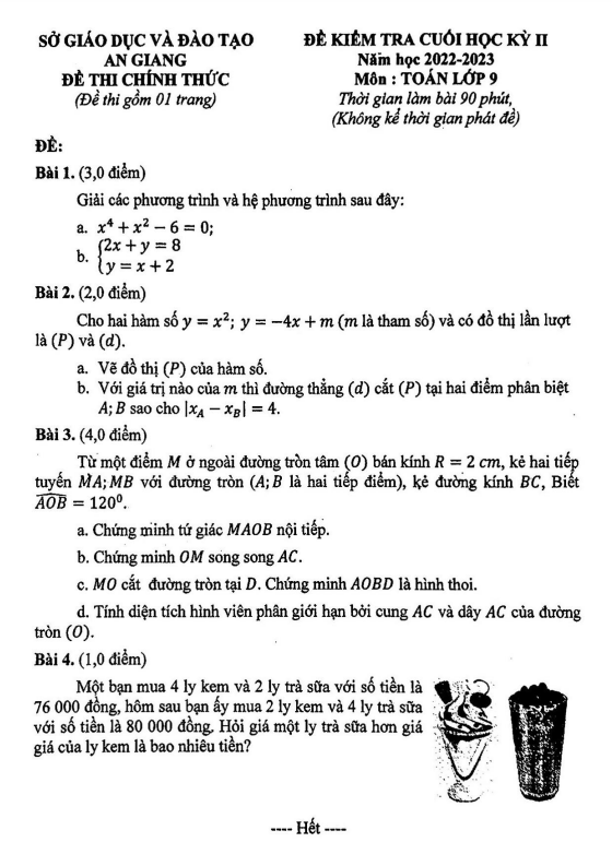 Đề kiểm tra cuối học kỳ 2 Toán 9 năm 2022 – 2023 sở GD&ĐT An Giang