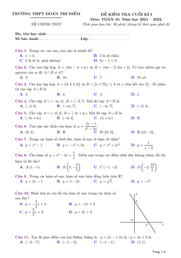 Đề kiểm tra cuối kì 1 Toán 10 năm 2021 – 2022 trường THPT Đoàn Thị Điểm – Hà Nội
