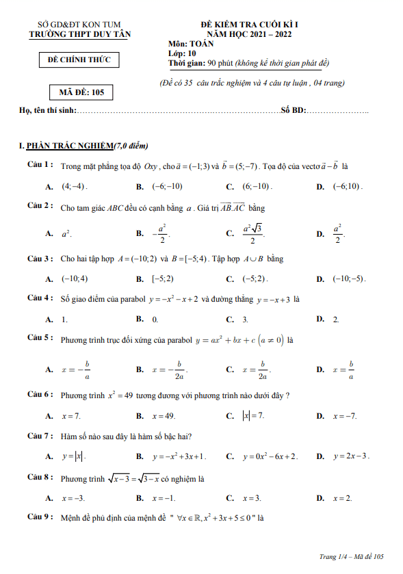 Đề kiểm tra cuối kì 1 Toán 10 năm 2021 – 2022 trường THPT Duy Tân – Kon Tum