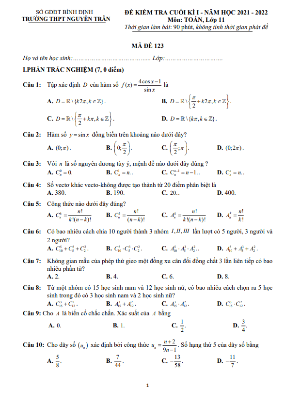 Đề kiểm tra cuối kì 1 Toán 11 năm 2021 – 2022 trường THPT Nguyễn Trân – Bình Định
