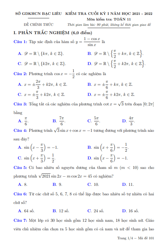 Đề kiểm tra cuối kì 1 Toán 11 năm học 2021 – 2022 sở GDKHCN Bạc Liêu