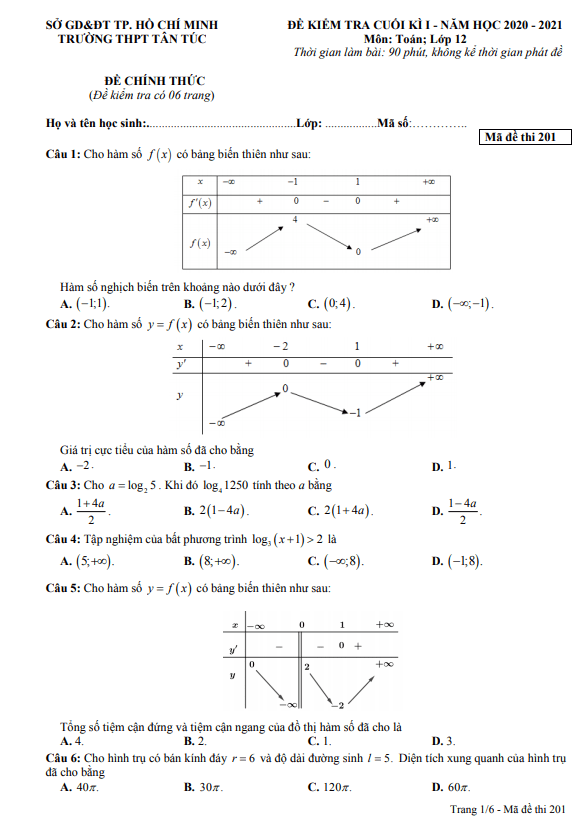 Đề kiểm tra cuối kì 1 Toán 12 năm 2020 – 2021 trường THPT Tân Túc – TP HCM