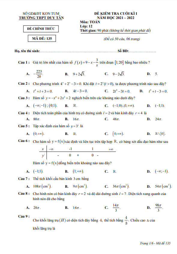 Đề kiểm tra cuối kì 1 Toán 12 năm 2021 – 2022 trường THPT Duy Tân – Kon Tum