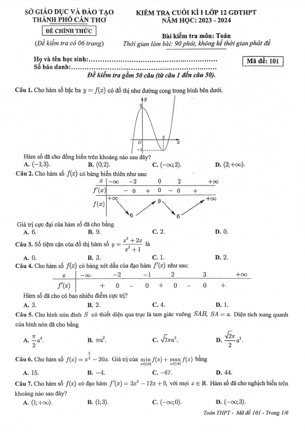 Đề kiểm tra cuối kì 1 Toán 12 năm 2023 – 2024 sở GD&ĐT Cần Thơ