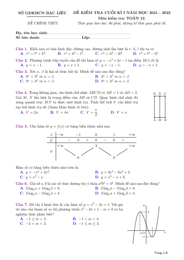 Đề kiểm tra cuối kì 1 Toán 12 năm học 2021 – 2022 sở GDKHCN Bạc Liêu