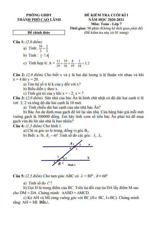 Đề kiểm tra cuối kì 1 Toán 7 năm 2020 – 2021 phòng GD&ĐT TP Cao Lãnh – Đồng Tháp