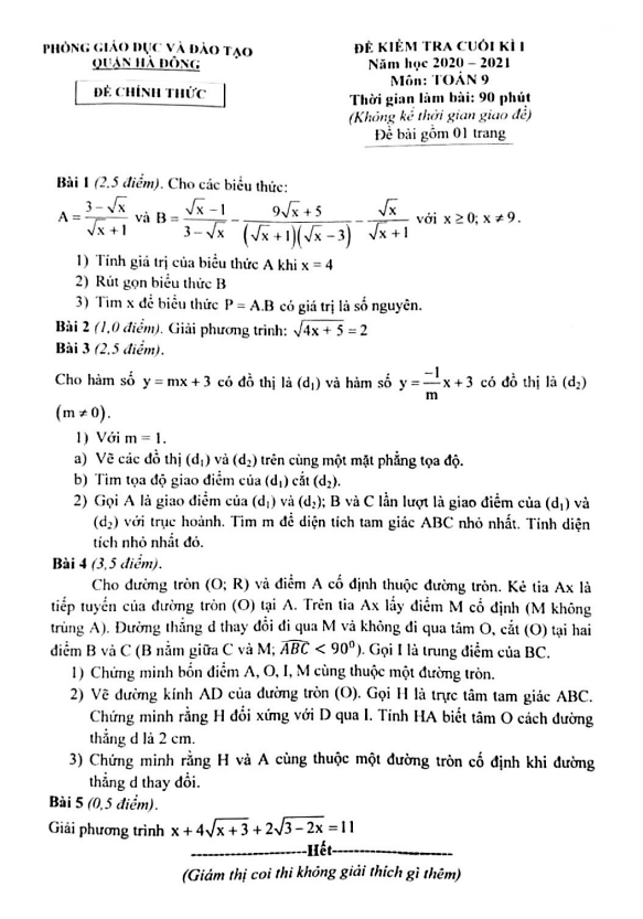 Đề kiểm tra cuối kì 1 Toán 9 năm 2020 – 2021 phòng GD&ĐT Hà Đông – Hà Nội