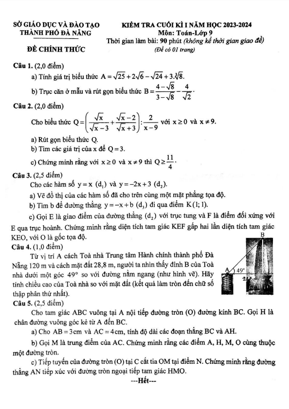 Đề kiểm tra cuối kì 1 Toán 9 năm 2023 – 2024 sở GD&ĐT Đà Nẵng