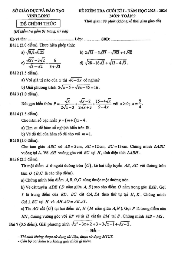 Đề kiểm tra cuối kì 1 Toán 9 năm 2023 – 2024 sở GD&ĐT Vĩnh Long