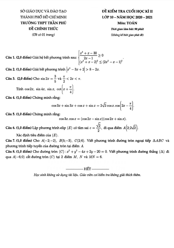 Đề kiểm tra cuối kì 2 Toán 10 năm 2020 – 2021 trường THPT Trần Phú – TP HCM