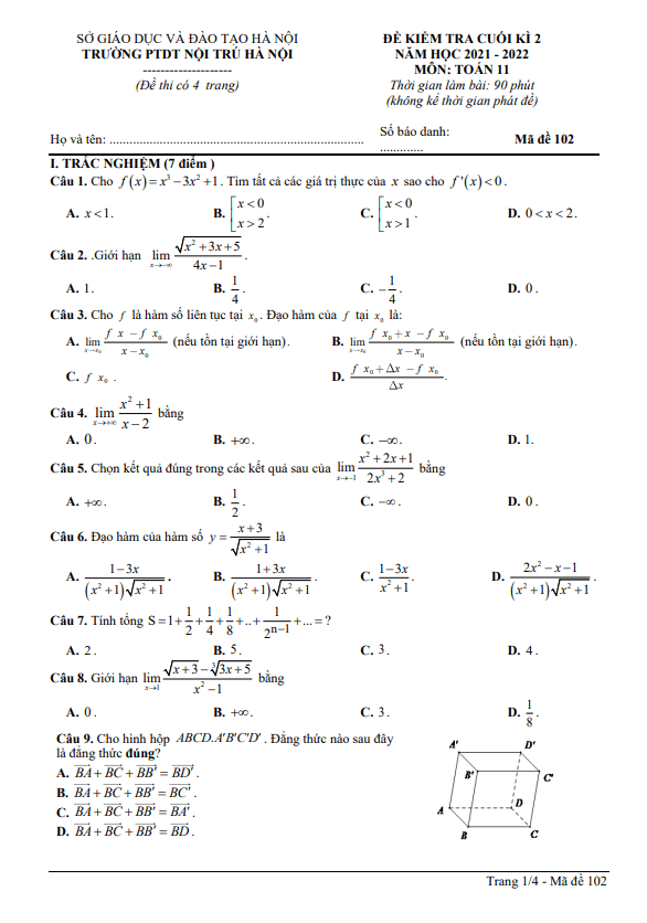 Đề kiểm tra cuối kì 2 Toán 11 năm 2021 – 2022 trường PTDT Nội Trú Hà Nội