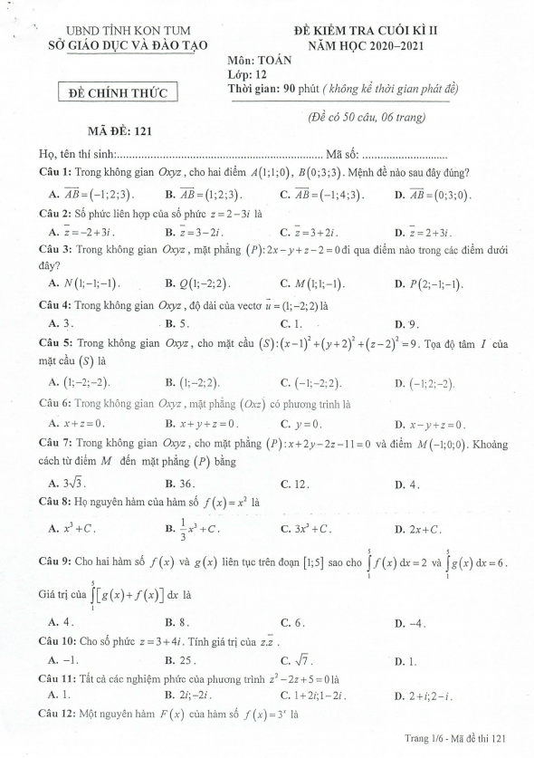Đề kiểm tra cuối kì 2 Toán 12 năm 2020 – 2021 sở GD&ĐT tỉnh Kon Tum