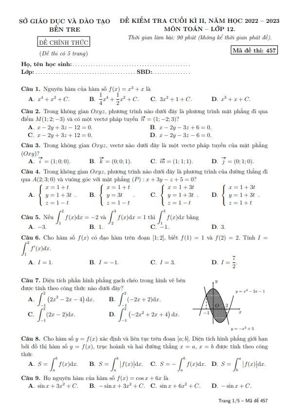 Đề kiểm tra cuối kì 2 Toán 12 năm 2022 – 2023 sở GD&ĐT Bến Tre