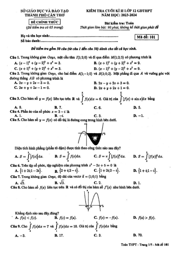 Đề kiểm tra cuối kì 2 Toán 12 năm 2023 – 2024 sở GD&ĐT Cần Thơ
