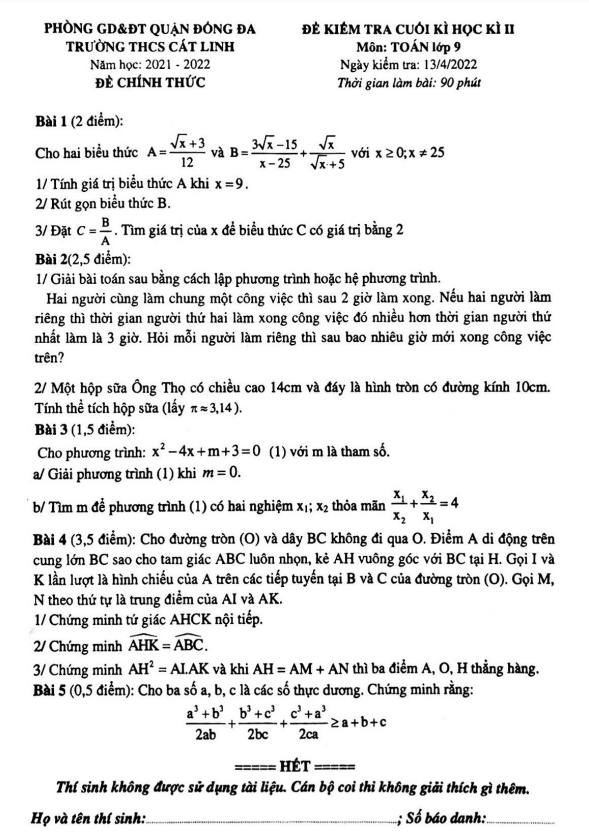 Đề kiểm tra cuối kì 2 Toán 9 năm 2021 – 2022 trường THCS Cát Linh – Hà Nội