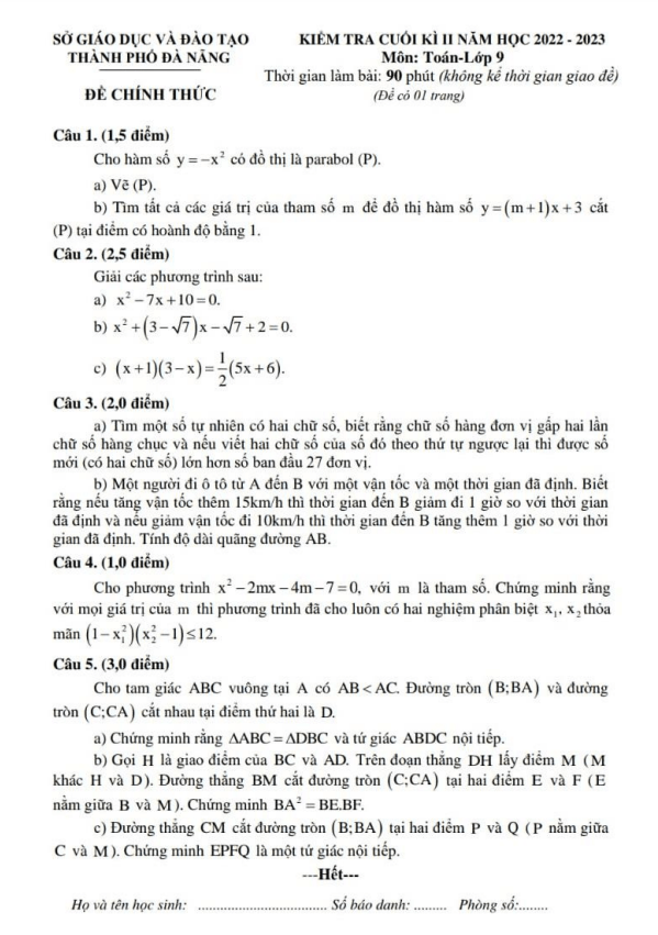 Đề kiểm tra cuối kì 2 Toán 9 năm 2022 – 2023 sở GD&ĐT Đà Nẵng