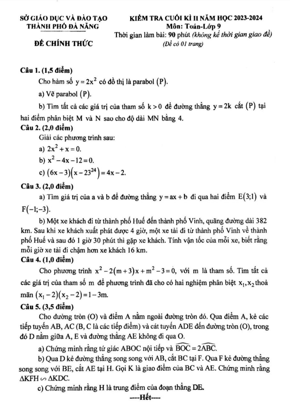 Đề kiểm tra cuối kì 2 Toán 9 năm 2023 – 2024 sở GD&ĐT Đà Nẵng