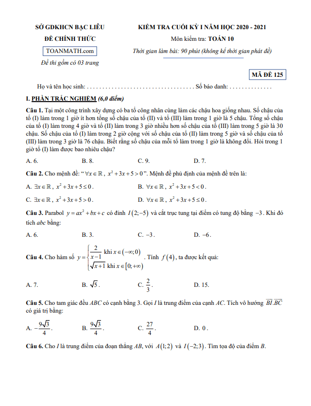 Đề kiểm tra cuối kỳ 1 Toán 10 năm 2020 – 2021 sở GDKHCN Bạc Liêu