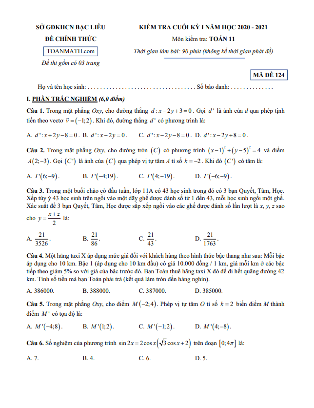Đề kiểm tra cuối kỳ 1 Toán 11 năm 2020 – 2021 sở GDKHCN Bạc Liêu