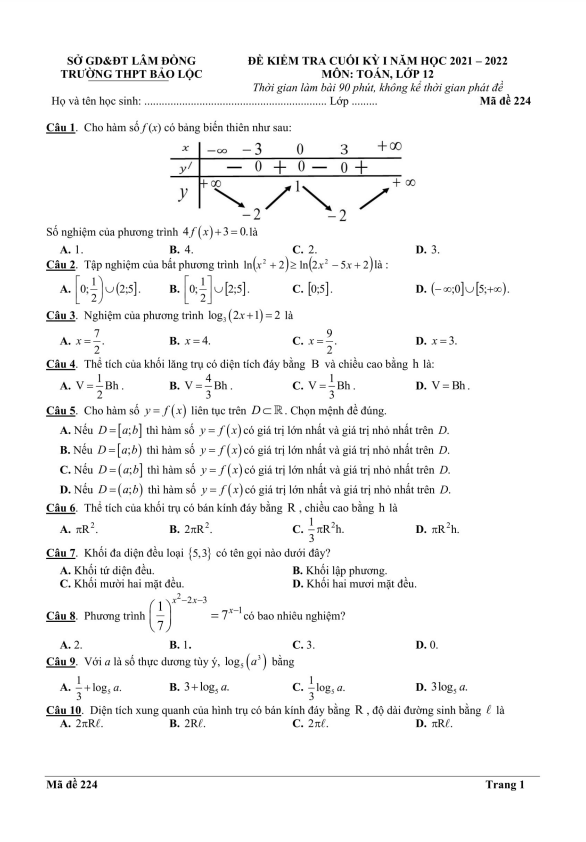 Đề kiểm tra cuối kỳ 1 Toán 12 năm 2021 – 2022 trường THPT Bảo Lộc – Lâm Đồng