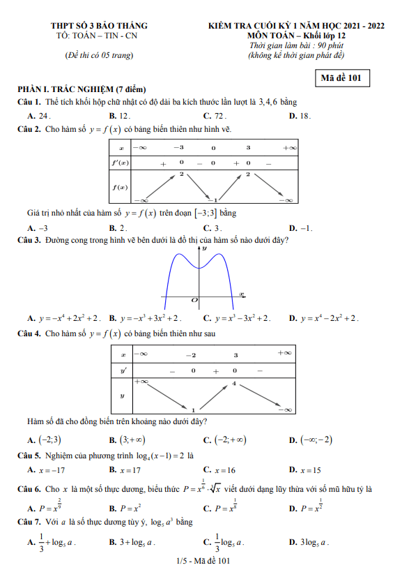 Đề kiểm tra cuối kỳ 1 Toán 12 năm 2021 – 2022 trường THPT Bảo Thắng 3 – Lào Cai