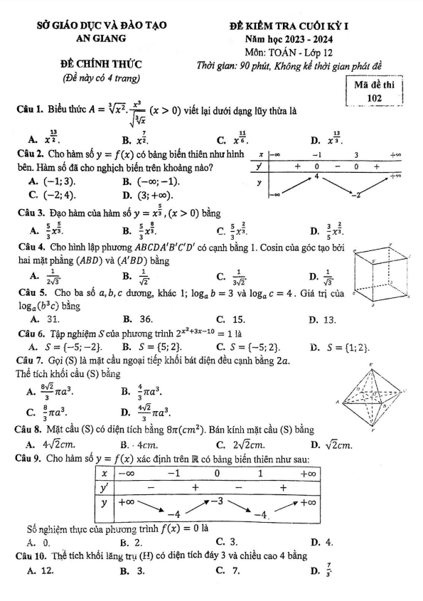 Đề kiểm tra cuối kỳ 1 Toán 12 năm 2023 – 2024 sở GD&ĐT An Giang