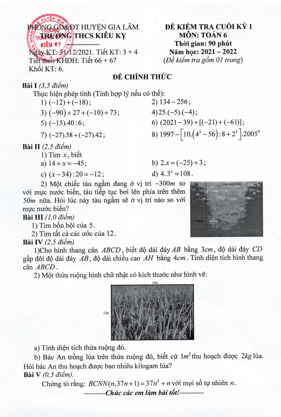 Đề kiểm tra cuối kỳ 1 Toán 6 năm 2021 – 2022 trường THCS Kiêu Kỵ – Hà Nội