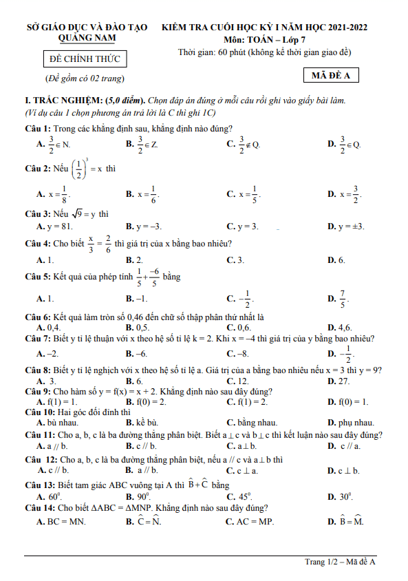 Đề kiểm tra cuối kỳ 1 Toán 7 năm 2021 – 2022 sở GD&ĐT Quảng Nam