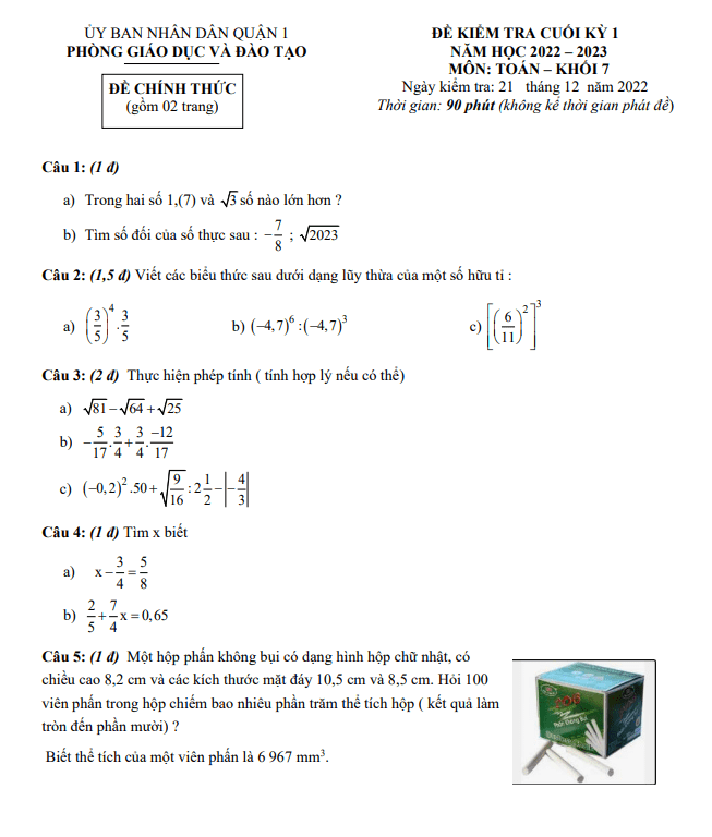 Đề kiểm tra cuối kỳ 1 Toán 7 năm 2022 – 2023 phòng GD&ĐT Quận 1 – TP HCM