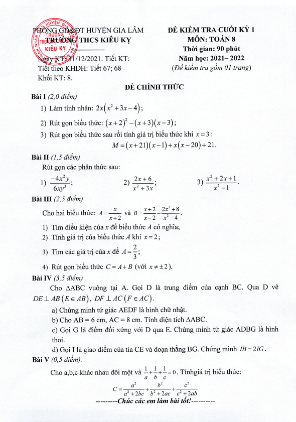 Đề kiểm tra cuối kỳ 1 Toán 8 năm 2021 – 2022 trường THCS Kiêu Kỵ – Hà Nội