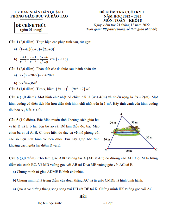 Đề kiểm tra cuối kỳ 1 Toán 8 năm 2022 – 2023 phòng GD&ĐT Quận 1 – TP HCM