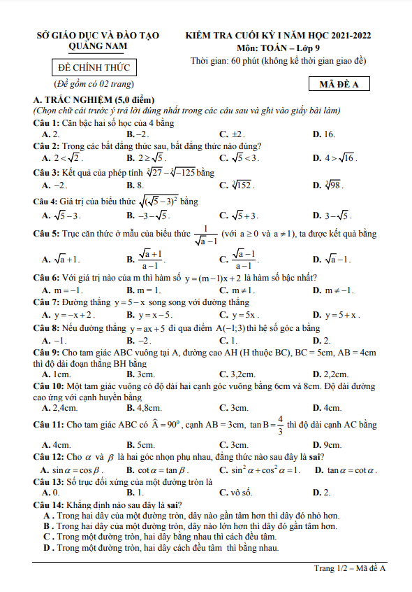 Đề kiểm tra cuối kỳ 1 Toán 9 năm 2021 – 2022 sở GD&ĐT Quảng Nam