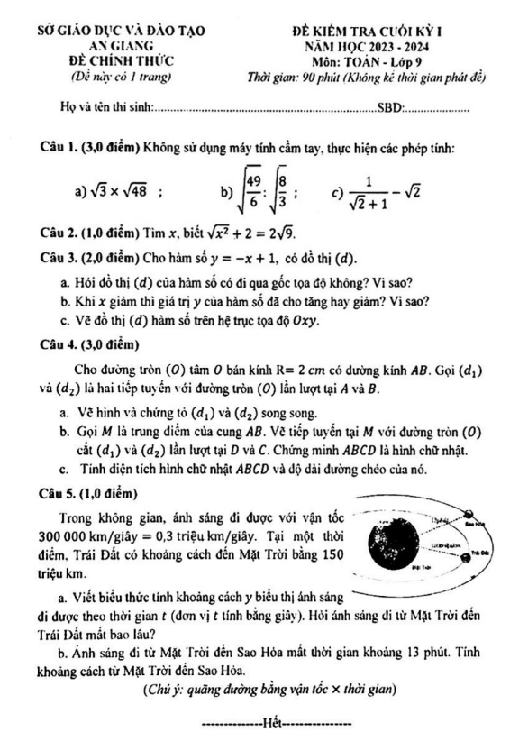 Đề kiểm tra cuối kỳ 1 Toán 9 năm 2023 – 2024 sở GD&ĐT An Giang