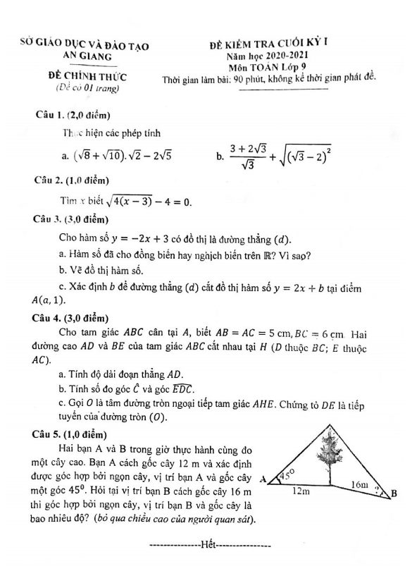 Đề kiểm tra cuối kỳ 1 Toán 9 năm học 2020 – 2021 sở GD&ĐT An Giang