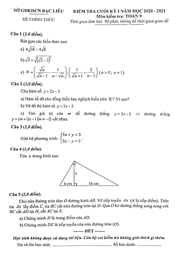 Đề kiểm tra cuối kỳ 1 Toán 9 năm học 2020 – 2021 sở GDKHCN Bạc Liêu