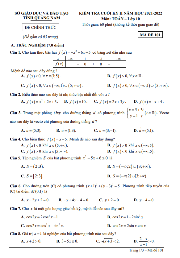 Đề kiểm tra cuối kỳ 2 Toán 10 năm 2021 – 2022 sở GD&ĐT Quảng Nam