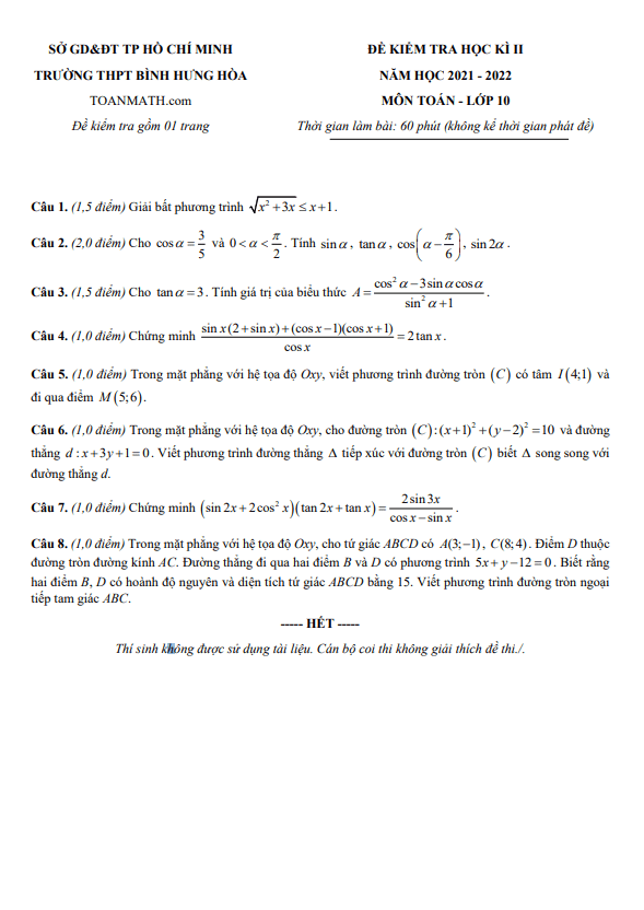 Đề kiểm tra cuối kỳ 2 Toán 10 năm 2021 – 2022 trường THPT Bình Hưng Hòa – TP HCM