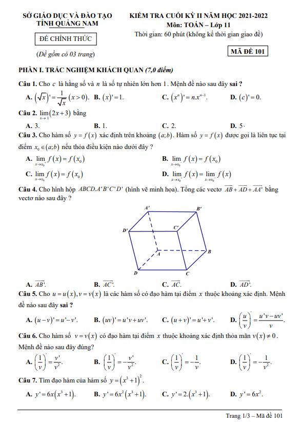 Đề kiểm tra cuối kỳ 2 Toán 11 năm 2021 – 2022 sở GD&ĐT Quảng Nam