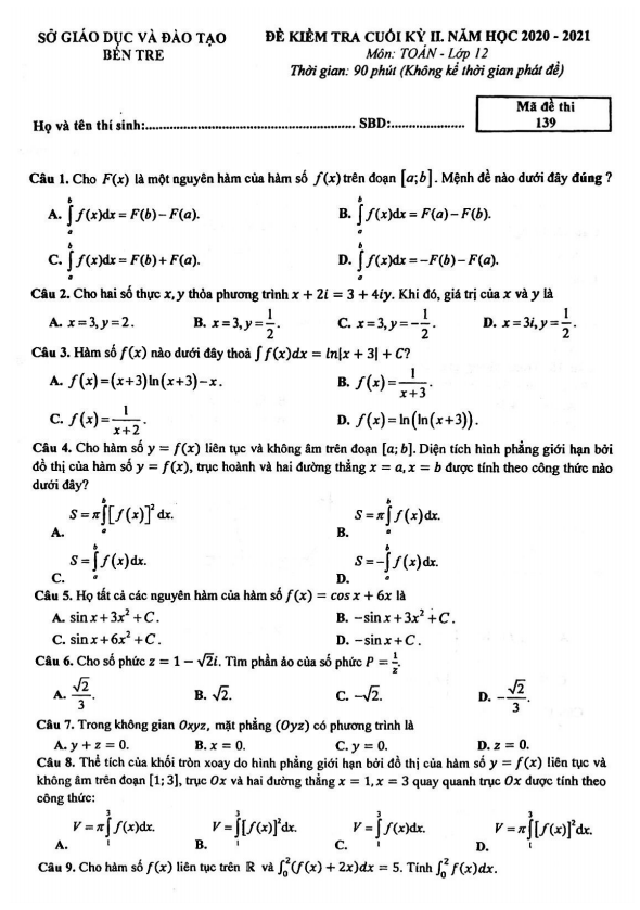 Đề kiểm tra cuối kỳ 2 Toán 12 năm 2020 – 2021 sở GD&ĐT Bến Tre