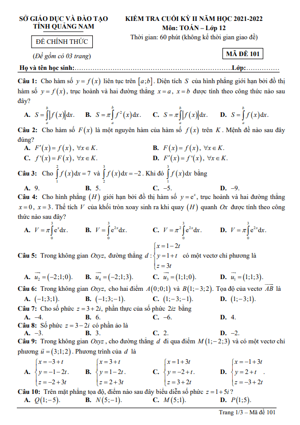 Đề kiểm tra cuối kỳ 2 Toán 12 năm 2021 – 2022 sở GD&ĐT Quảng Nam