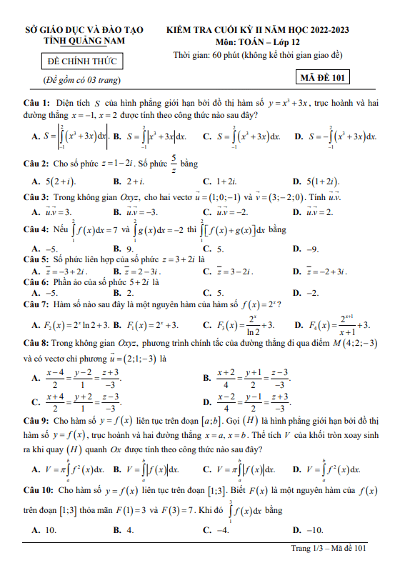 Đề kiểm tra cuối kỳ 2 Toán 12 năm 2022 – 2023 sở GD&ĐT Quảng Nam